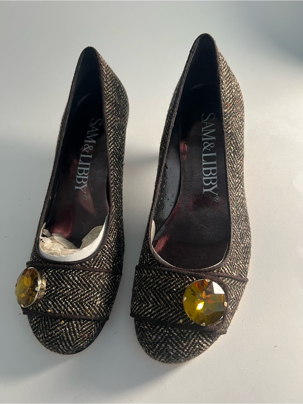 Sam & Libby Brown Tweed Flats with Amber Jewel Accent Size 6